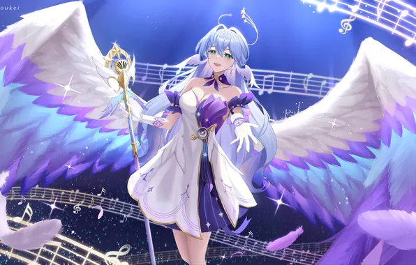 Girl, notes, wings, staff, robin, honkai: star rail, honkai (series)