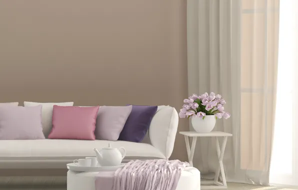 Picture flowers, design, sofa, interior, pillow, vase, curtains, table