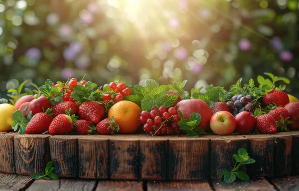 Summer, leaves, the sun, rays, light, nature, berries, apples