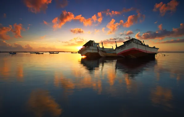 The sky, clouds, lake, reflection, boat, mirror, sunrise