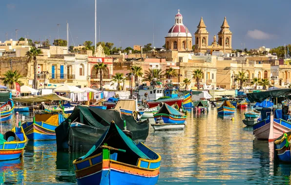 Picture building, boats, Bay, Malta, Malta, Marsaxlokk, Marsaxlok, Marsaxlokk Bay