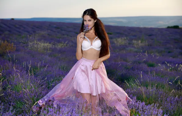 Cleavage, long hair, hot girl, field, nature, boobs, model, purple flowers
