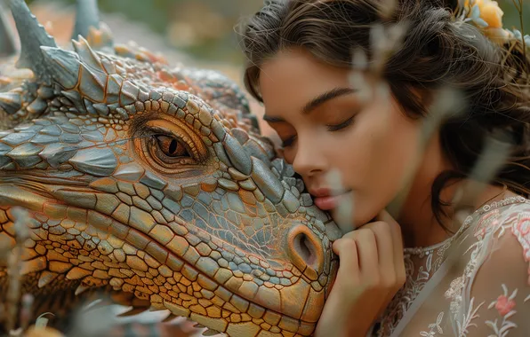 Face, pose, dragon, brunette, fantasy, Princess, closed eyes, AI art