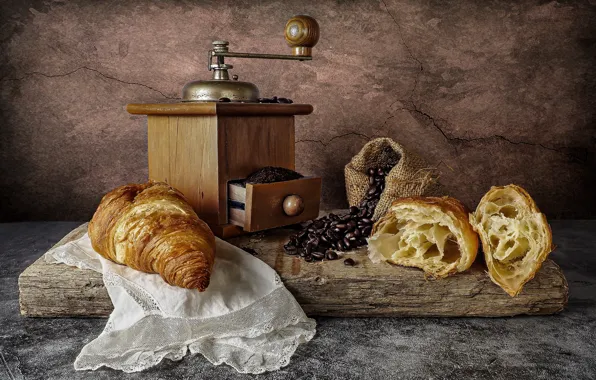 Coffee, still life, coffee beans, napkin, croissants, pouch, coffee grinder, cutting Board