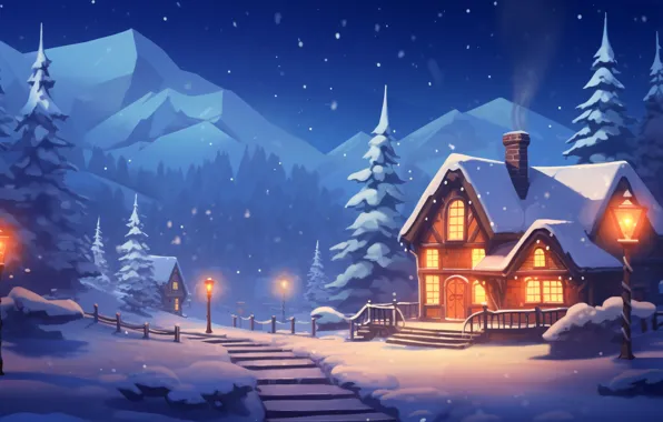Winter, snow, house, holiday, graphics, Christmas, hut, New year
