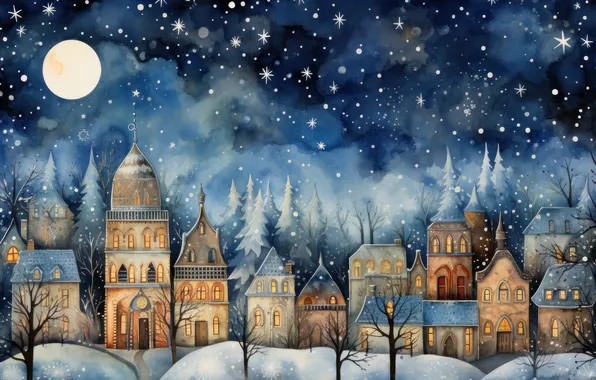 Winter, the sky, stars, snow, trees, night, the city, the moon