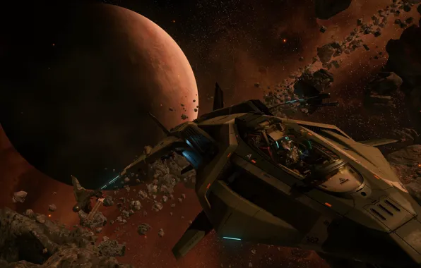 Space, flight, fragments, planet, starship, Star Citizen, Gladius