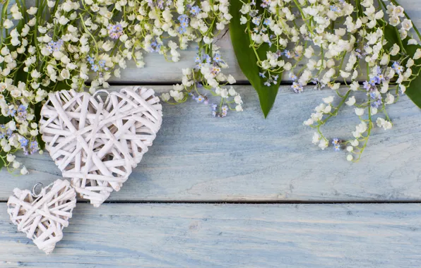 Picture flowers, heart, spring, love, white, lilies of the valley, wood, flowers