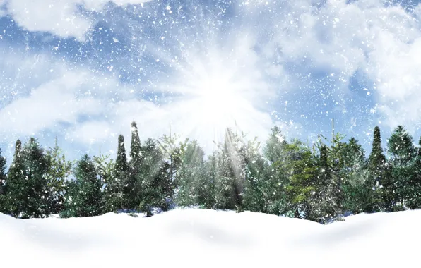 Picture winter, the sky, the sun, clouds, rays, snow, trees, snowflakes
