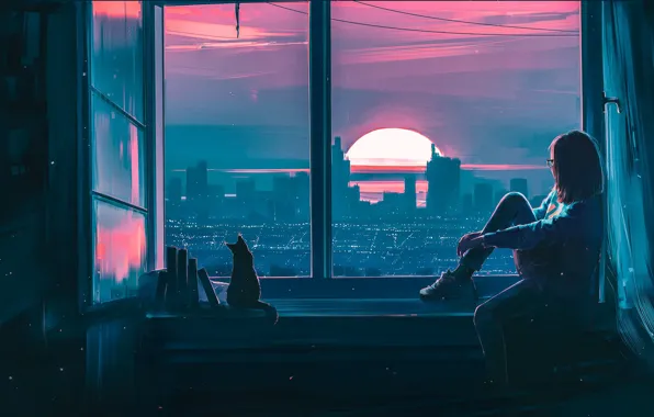 Picture Sunset, Girl, The city, Cat, View, Cat, Window, Fantasy