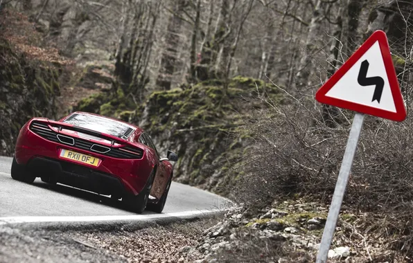 Picture road, forest, red, sign, McLaren, supercar, rear view, MP4-12C