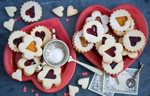 Key, cookies, still life, powdered sugar