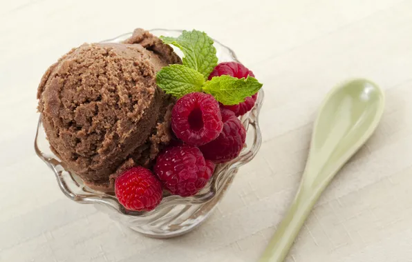 Raspberry, spoon, ice cream, bowl