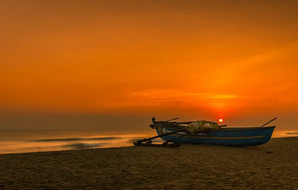 Picture sea, sunset, shore, boat, Sri Lanka, Batticaloa