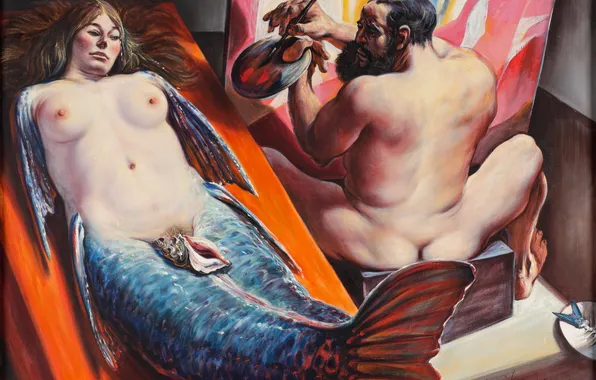 Mermaid, Picture, Two, Canvas, Palette, Artist, Naked, Austrian painter