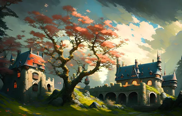 Autumn, the sky, clouds, light, landscape, branches, nature, house