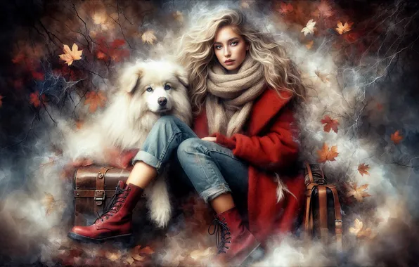 Autumn, look, girl, branches, fog, red, dog, jeans