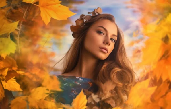 Autumn, look, girl, pose, foliage, portrait, blur, brown hair