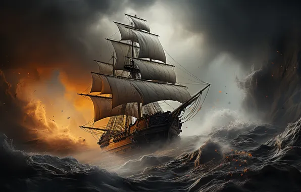 Sea, storm, ship, sailboat, the ship, frigate, gloomy sky, AI art