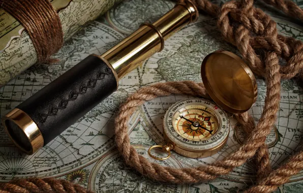 Picture map, rope, compass, spyglass, compass, telescope, old maps, nautical navigation tools