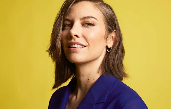 Yellow, background, portrait, actress, brown hair, beauty, Lauren Cohan, Lauren Cohan