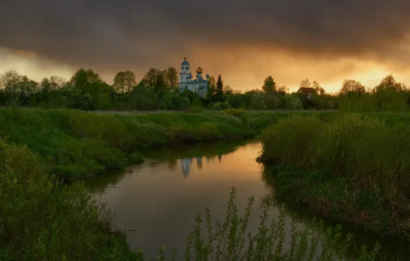 Picture landscape, clouds, nature, Church, temple, grass, river, Maxim Evdokimov