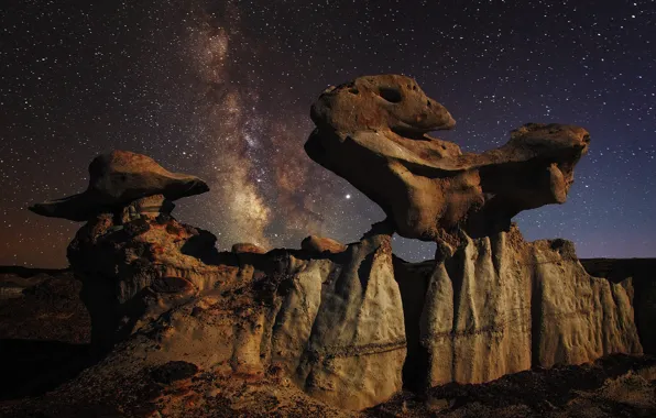 The sky, stars, night, stones, rocks, desert, The milky way, canyons