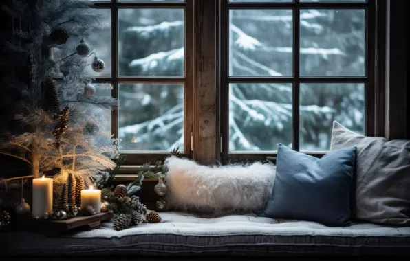 Winter, frost, forest, balls, snow, comfort, room, interior