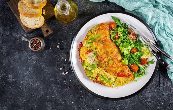 Vegetables, tomatoes, salad, omelette