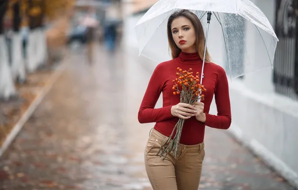 Look, rain, street, Girl, umbrella, figure, Sergey Sorokin