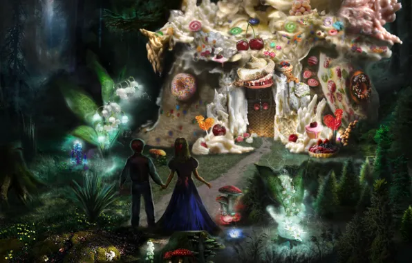 Forest, children, tale, thicket, gingerbread house, Gretel, Hansel, Grimm