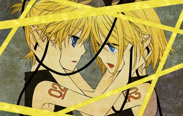Girl, tape, guy, two, Vocaloid, Vocaloid, Kagamine Len, Kagamine Rin