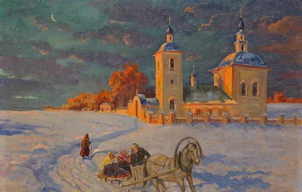 Picture the moon, horse, Church, temple, wagon, Winter celebrations, Olga Kulikovskaya-Romanova