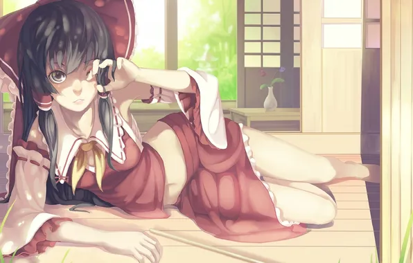 Picture look, girl, the sun, room, lies, gesture, art, hakurei reimu