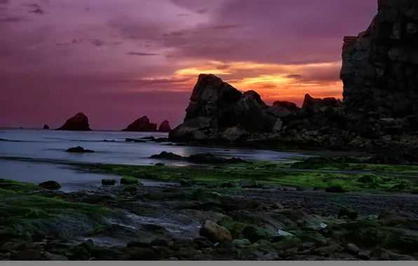 Sea, landscape, sunset, rocks, Playa de Portio