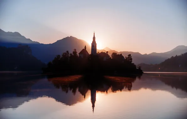 Mountains, Fog, Lake, Horizon, Church, Dawn, Dawn, Mist