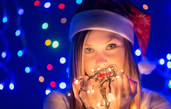 Picture girl, lights, holiday, garland, cap