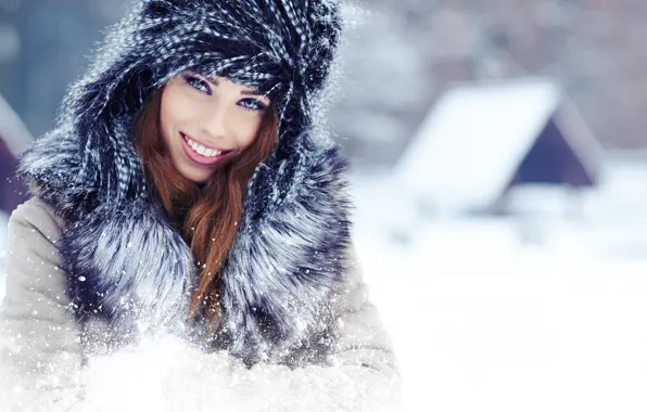 Picture winter, look, girl, snow, joy, smile, house, hat