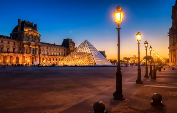 Night, the city, France, Paris, building, The Louvre, lighting, area