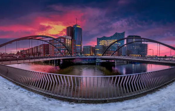 The sky, sunset, bridge, the city, river, home, skyscrapers, Germany