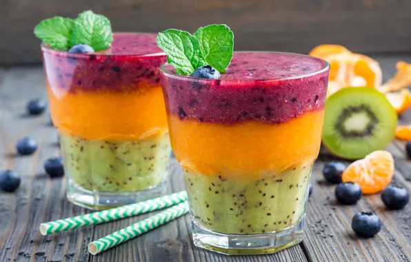 Picture kiwi, blueberries, fruit, mint, leaves, tangerines, smoothies, cocktail
