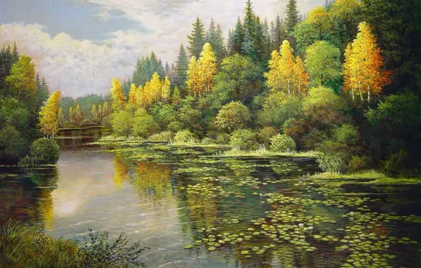 Picture lake, painting, Lotus, Landscape, mixed forest, Mark Kalpin, the beginning of autumn, yellow birch
