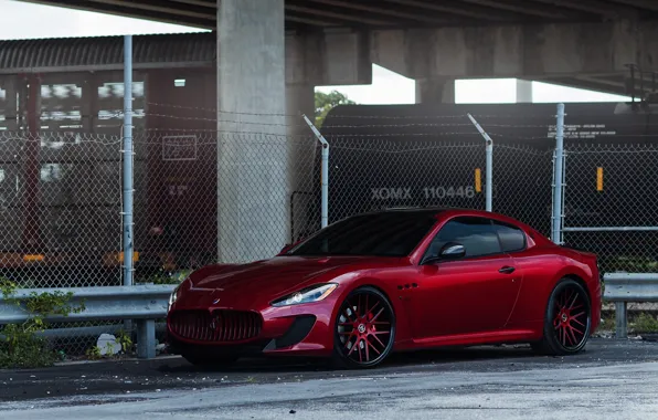 Red, Maserati, the fence, red, wheels, side view, Maserati, barbed wire