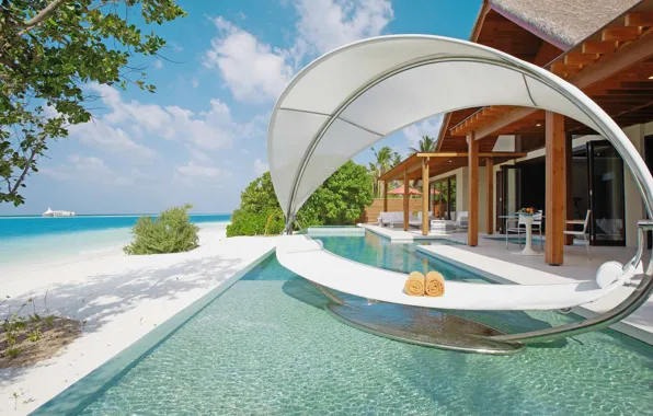 Beach, the ocean, shore, Villa, island, pool, The Maldives, resort