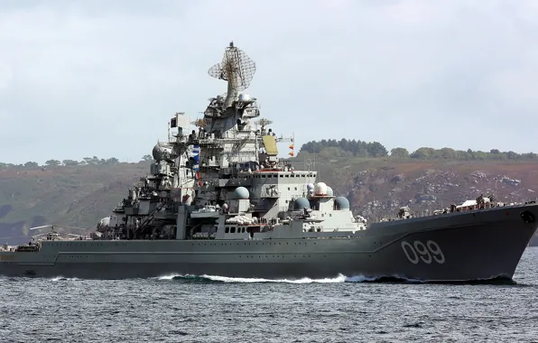 Picture sea, shore, cruiser, atomic, rocket, heavy, Peter The Great