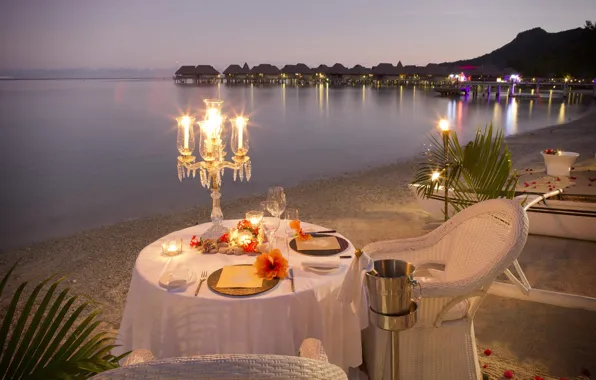 Beach, flowers, the ocean, the evening, candles, glasses, the hotel, resort