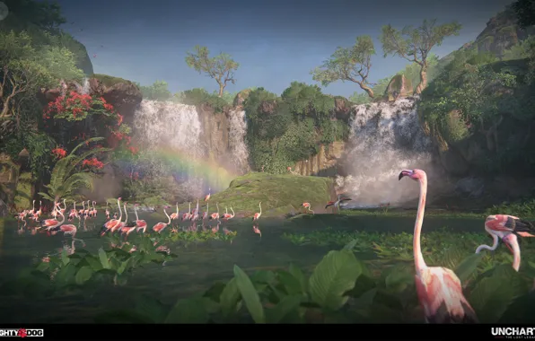 Vegetation, waterfall, Flamingo, Uncharted The Lost Legacy, Intro to Western Ghats