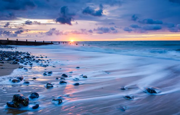 Picture sea, the sky, the sun, clouds, sunset, clouds, stones, shore