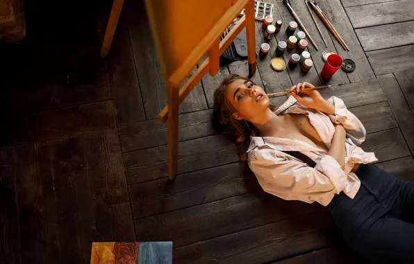 Picture look, girl, pose, paint, blouse, brush, on the floor, easel