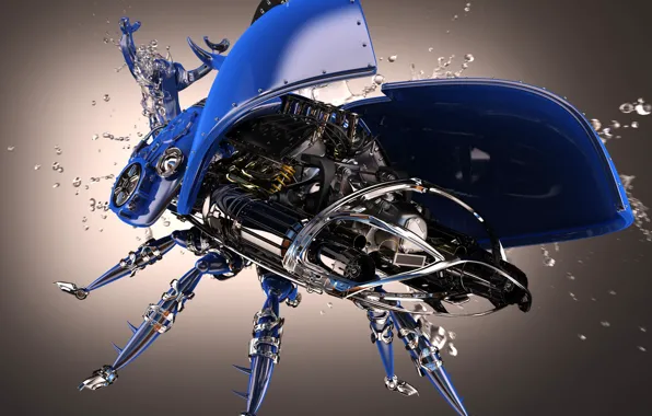 Drops, blue, metal, color, wings, beetle, motor, 3Ds